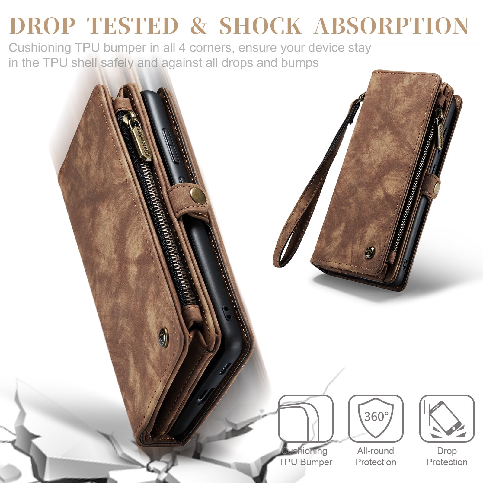 Feishell Durable 2-In-1 Magnetic Detachable Wallet Case for Samsung Galaxy S22,for Women Men,Premium PU Leather Zipper Pocket Flip Multi Card Slots Purse Phone Case with Wrist Strap,Darkbrown