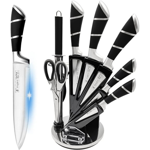 Kitchen Knife Set, 9-Pieces Black Sharp Non-Stick Coated Chef Knives Block Set ,Stainless Steel Knife Set for Kitchen with Sharpener for Cutting Slicing Dicing Chopping