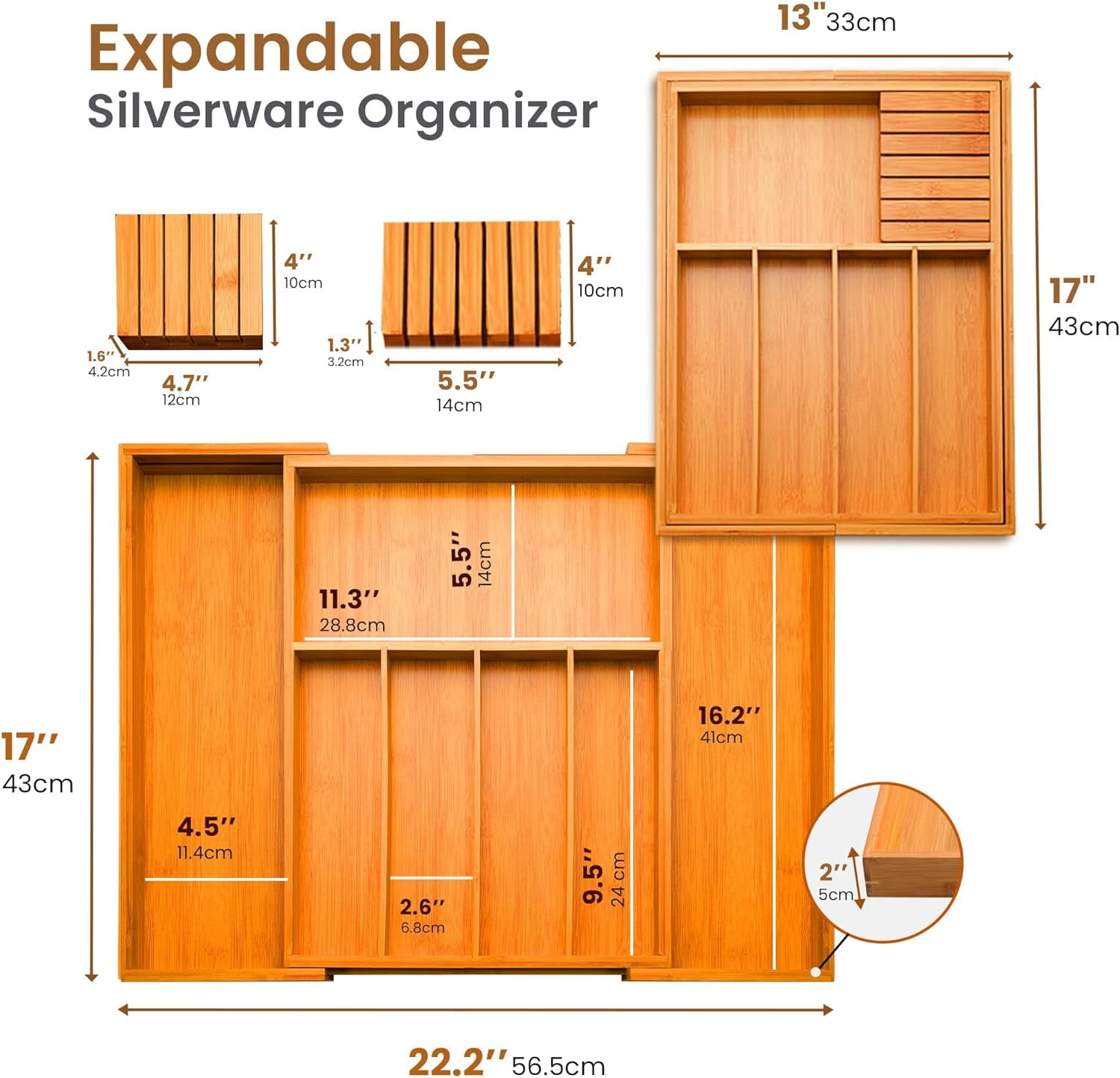 Expandable Silverware Organizer - Bamboo Kitchen Drawer Organizer, Utensil Holder - Drawer Organization and Storage in Kitchen, Bathroom or Bedroom