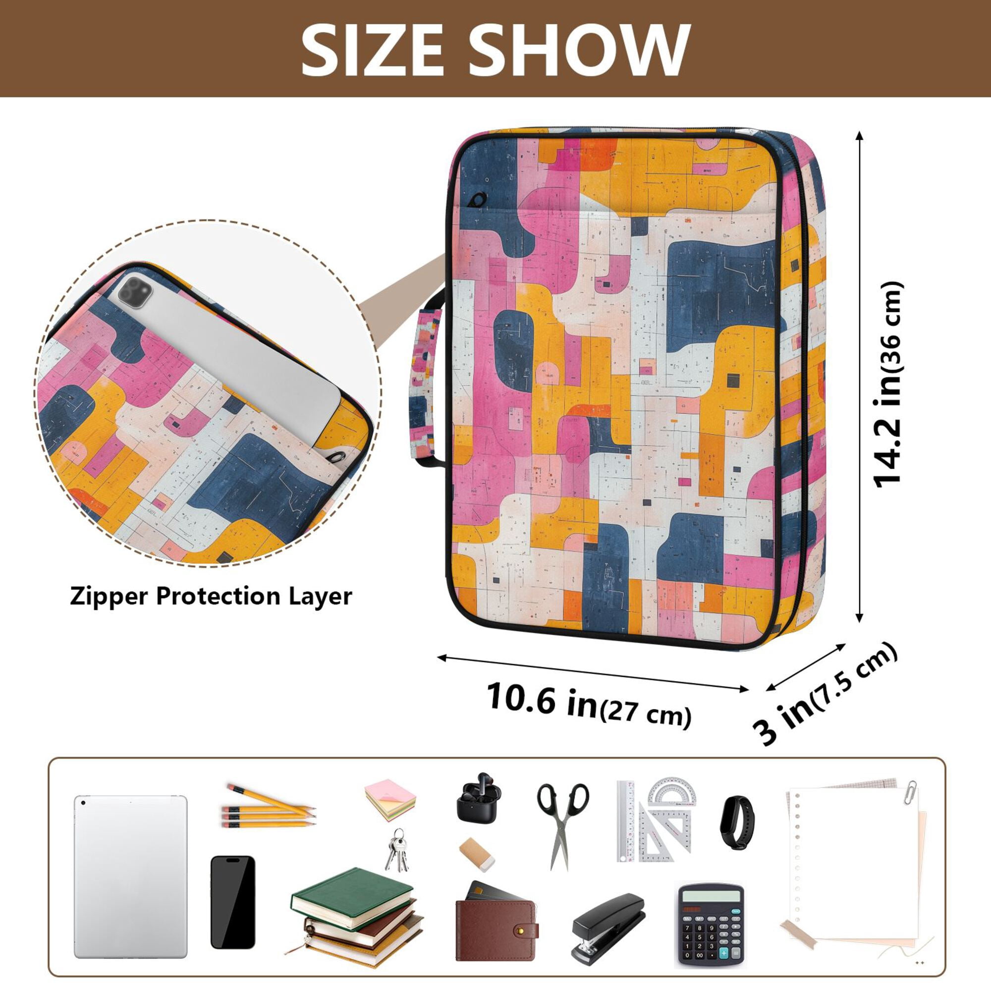 FORMRS Accordion File Folder A4 Size 7-Pocket Expanding Document Organizer Bag with 3 Ring Binder, Art Geometric