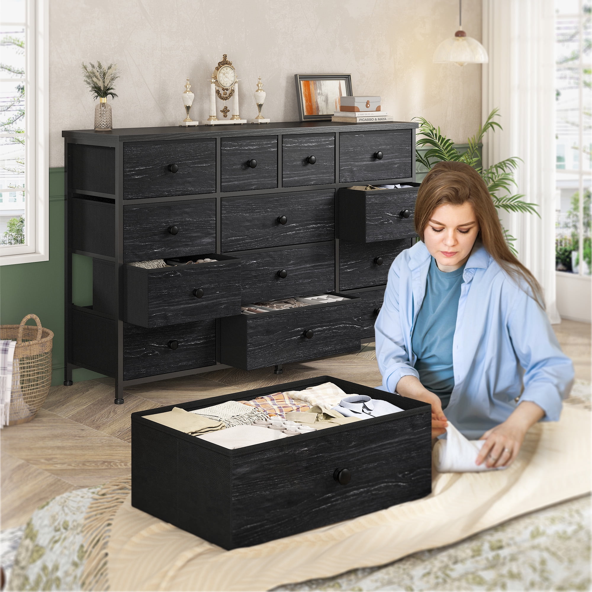 Black Dresser for Bedroom TV Stand with 13 Drawers for for 55" TV, Fabric Wide Dresser for Living Room