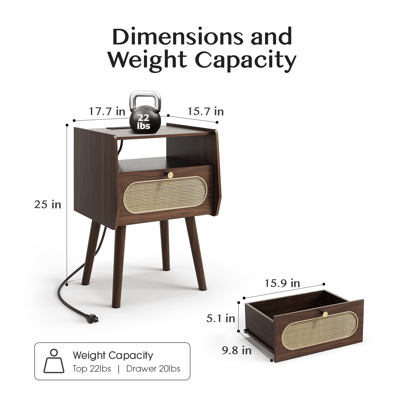 JOINICE Nightstands with Charging Station, Set of 2, Mid-Century Modern End Tables, Dark Walnut