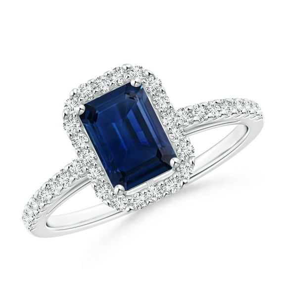ANGARA Natural Emerald-Cut 1.05 ct Blue Sapphire Halo Ring in 14K White Gold for Women (Size-7x5mm) | September Birthstone, Birthday, Anniversary, Jewelry Gift for Women | Natural Blue Sapphire Ring