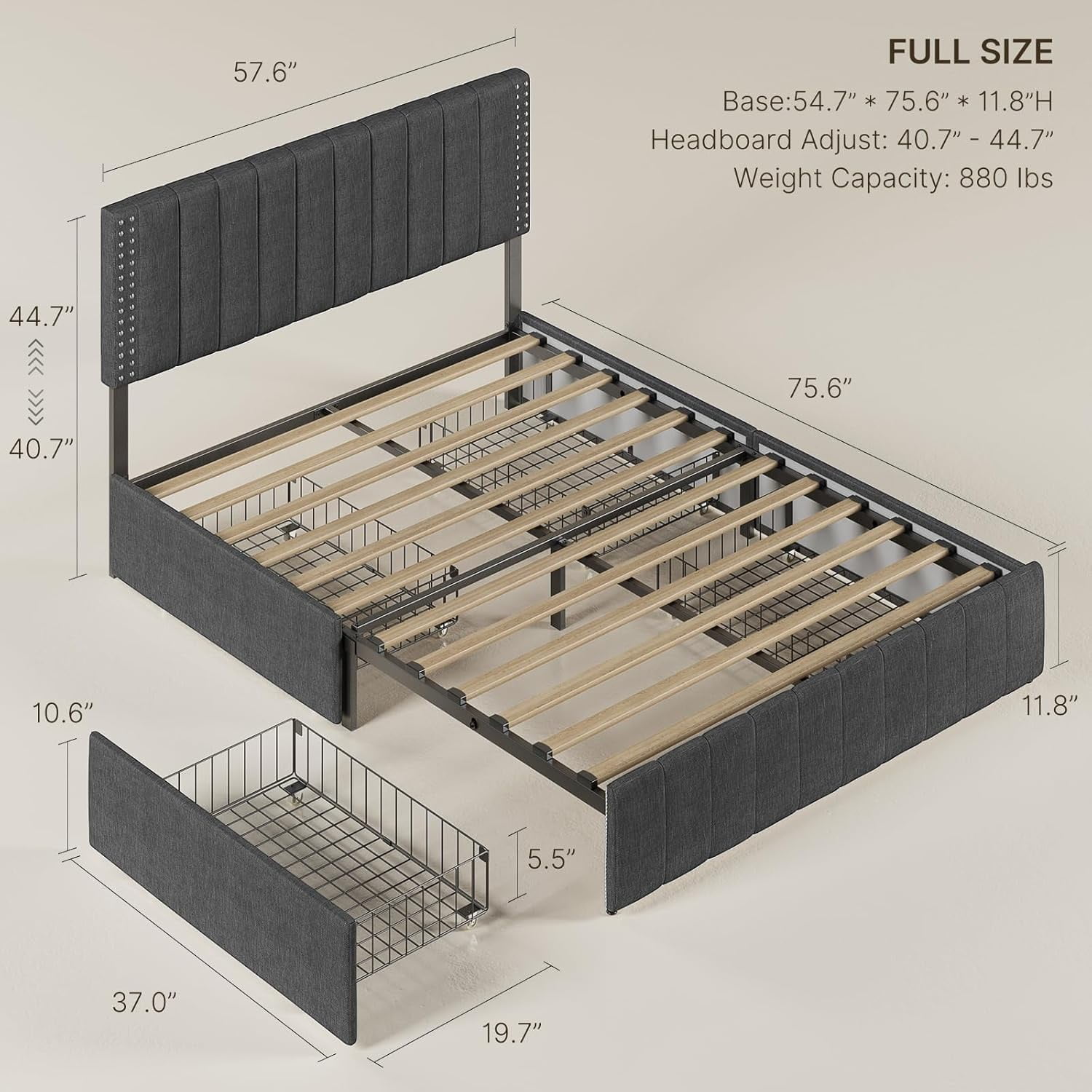 Lofka Full Bed Frame with 4 Drawers(Wheeled) and Adjustable Headboard Platform Bed Dark Grey