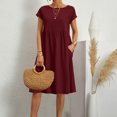 thumbnail image 1 of JUNWELL Coton Lin Femmes Robe d'Été Couleur Unie Col Rond Manches Courtes Genou Longueur Robe de Plage Décontractée en Vrac Robes de Vacances Minces, 1 of 7