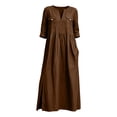thumbnail image 4 of QIYAGBSA Summer Dresses for Women Cotton Linen 3/4 Sleeve Relaxed Fit Midi Dress with Pockets and Side Slits Casual Vacation (Brown, M), 4 of 7