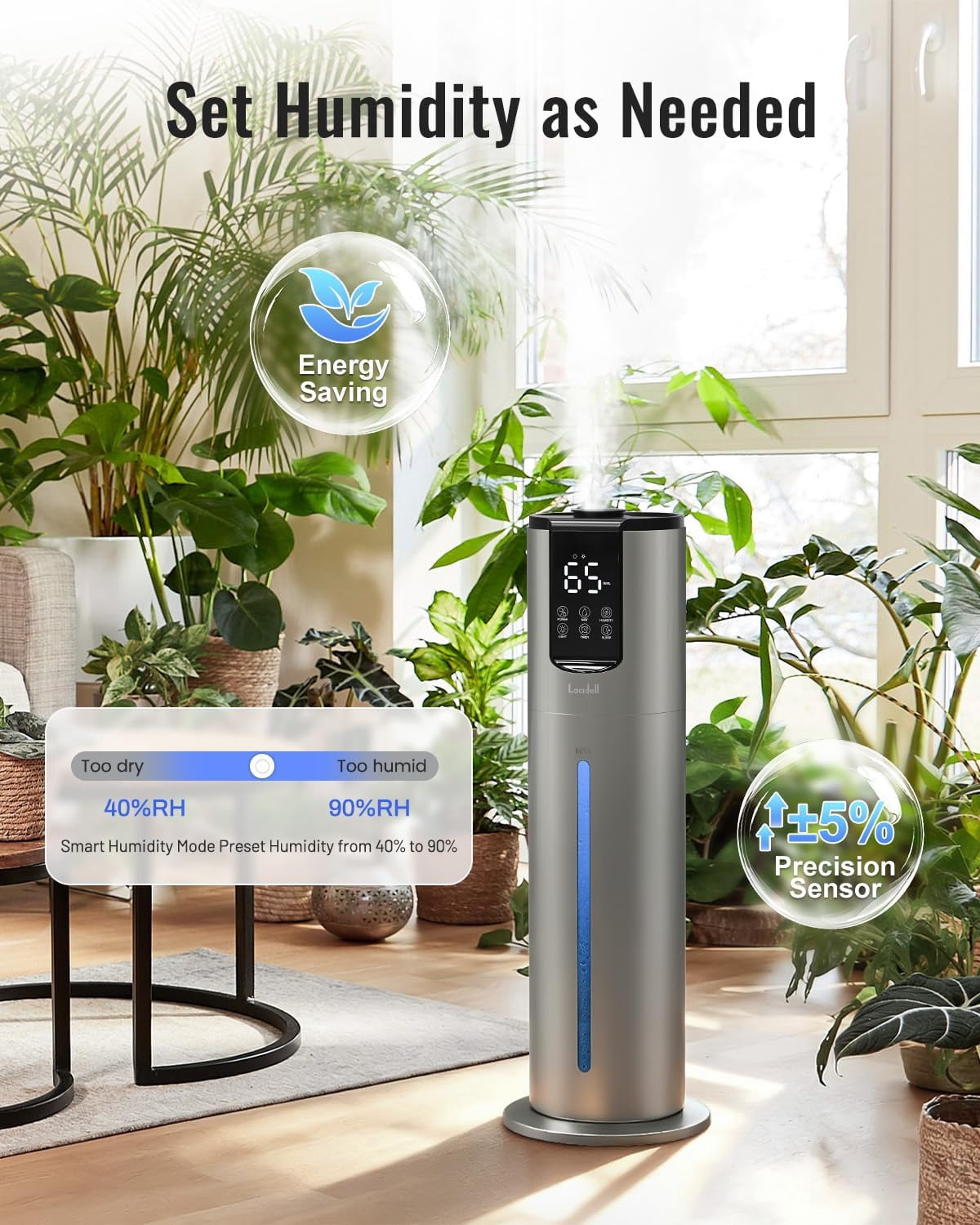 8L Ultrasonic Cool Mist Humidifier for Bedroom Large Room, Easy Clean Washable Parts, Grey