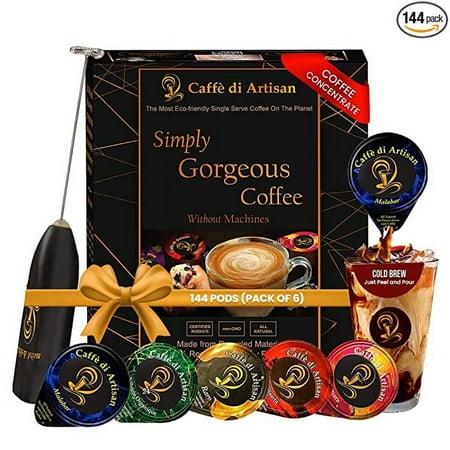 Caffè di Artisan Single Serve Organic Strong Liquid Coffee Concentrate Pods - All Major Variant - 144 Capsules- Free Frother on your 1st order!