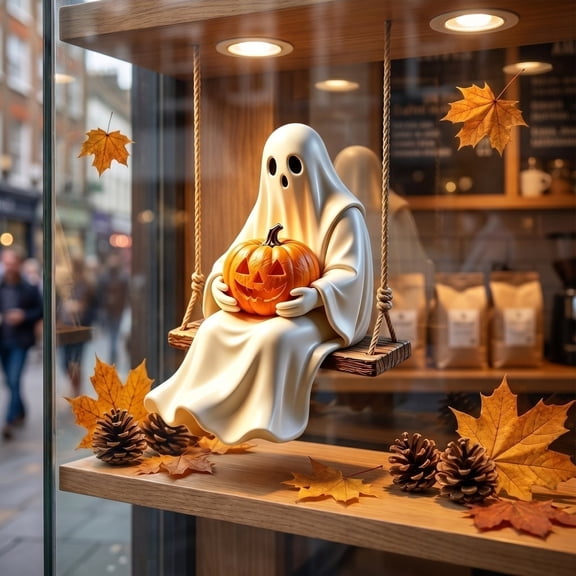 Halloween Swing Ghost Holding Pumpkin Resin Ornament, Glowing Pumpkin Hanging Decor, Fall Indoor Outdoor Door Tree Halloween Decoration