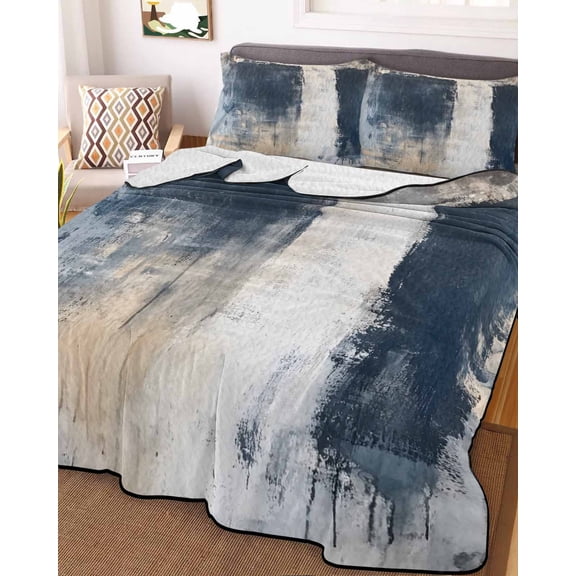 Navy Blue Grey King Size Down Alternative Comforter, Lightweight Comforter Quilt Bedding Set with Pillow Shams Modern Abstract Art Rustic All Seasons Bed Comforter Duvet Insert 96"x106"