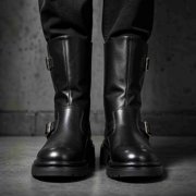 Vintage Engineer Biker Boots for Men, Side Zipper Thick Platform Mid-Calf Leather Boots with Adjustable Metal Buckles