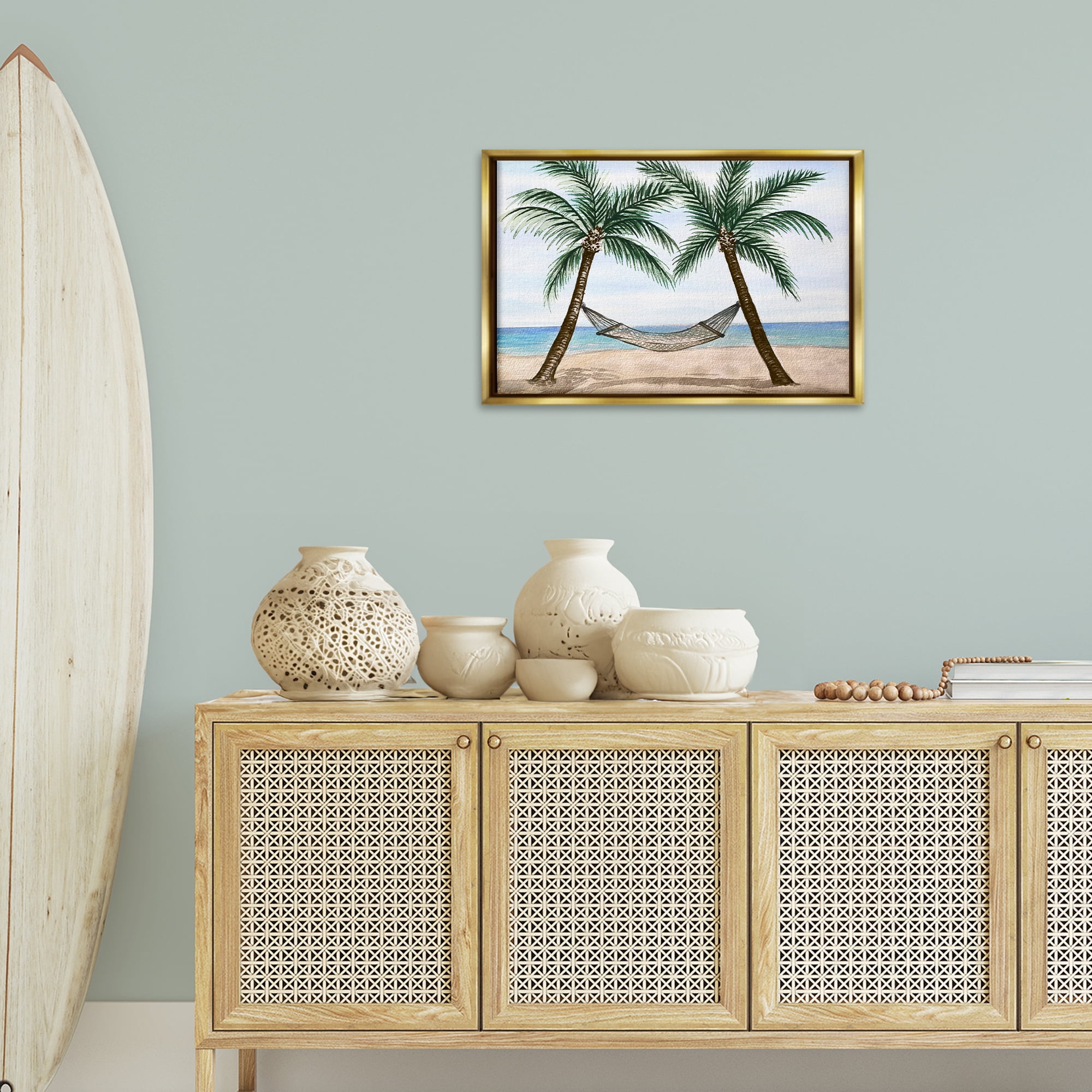 Stupell Industries Hammock Between Palms Landscape Painting Gold Floater Framed Canvas Art Print Wall Art, 25 x 17