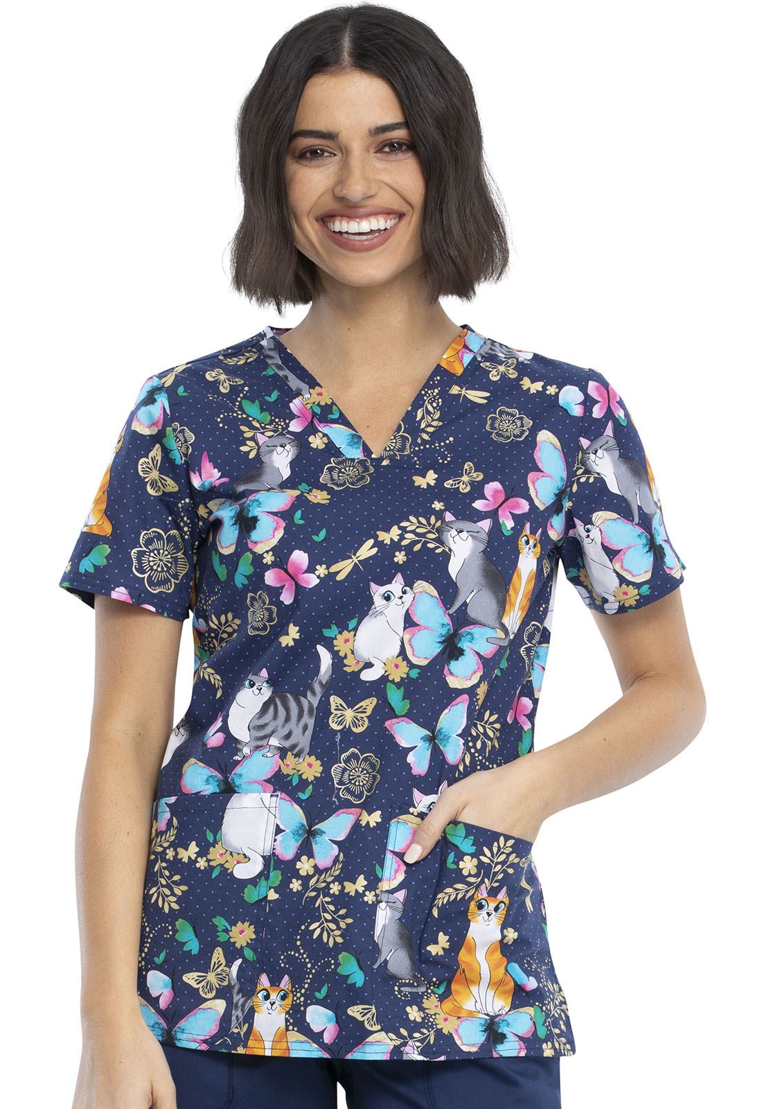 Cherokee Prints Women Medical Scrubs Top VNeck CK651, XL, Purrfect