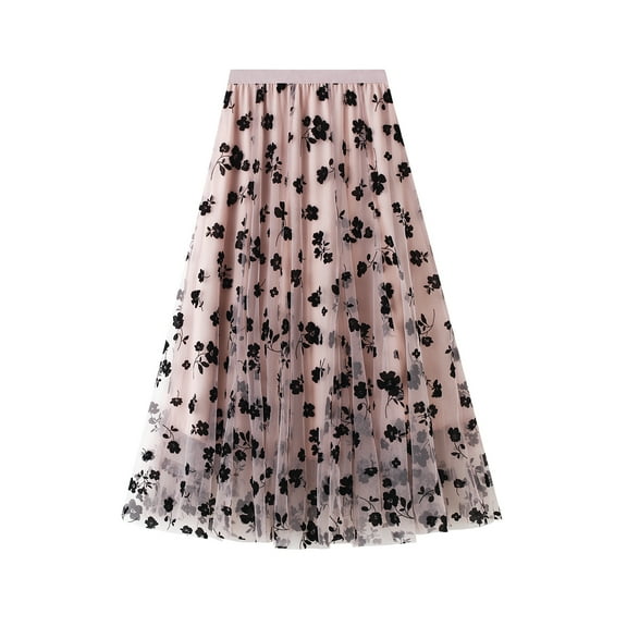 Caitzr Women Tutu Tulle Skirts Elastic High Waist Floral Print Mesh Overlay Layered A Line Midi Skirt