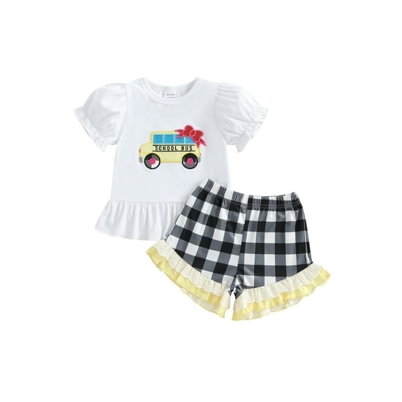 BemeyourBBs Girls Shorts Set, Embroidery School Bus T-shirt with Plaid Shorts