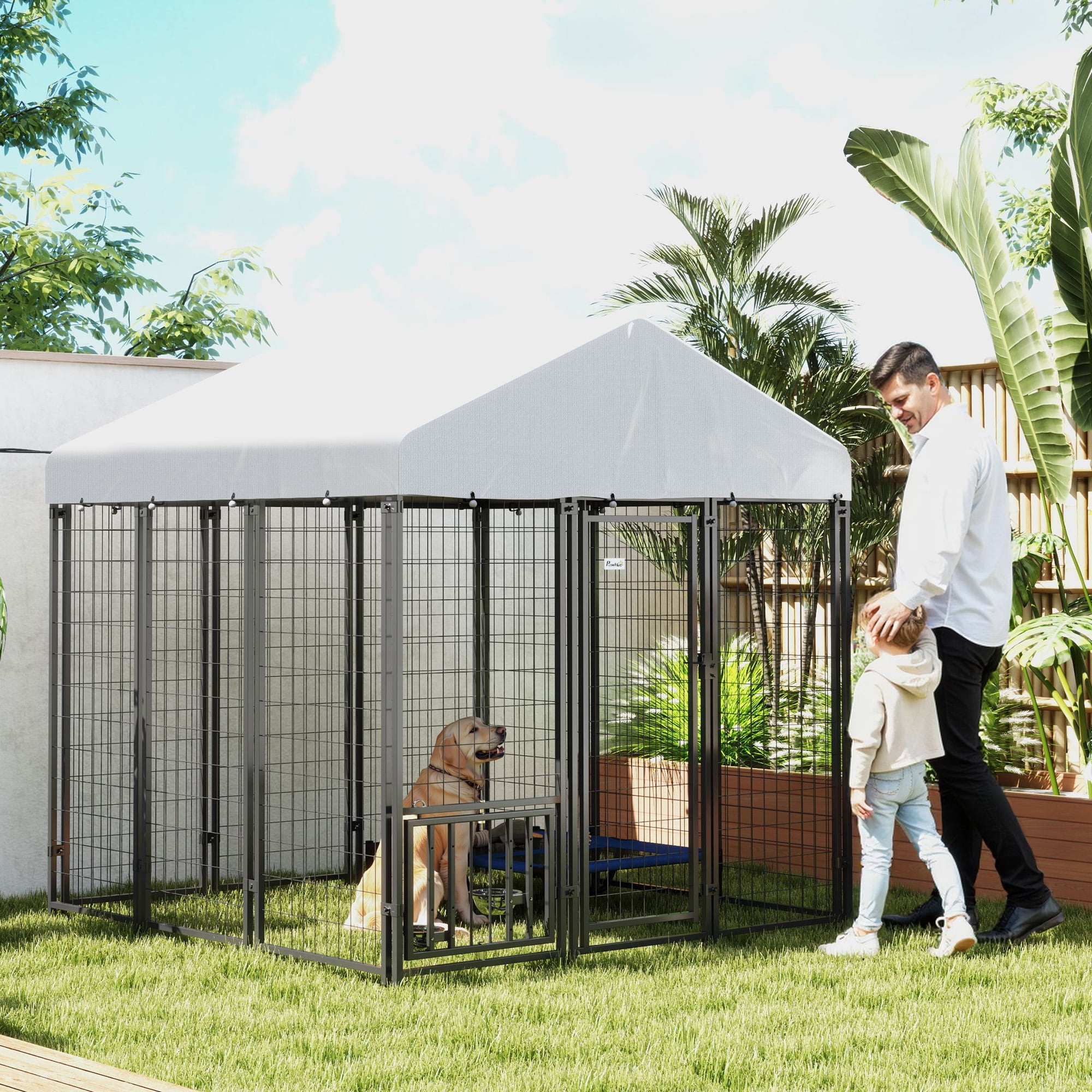 PawHut Outdoor Dog Kennel with Roof, 5.9' x 5.9' x 6' Heavy Duty Welded Wire Dog Playpen Fence with Rotating & 4-Level Adjustable Feeding Bowls