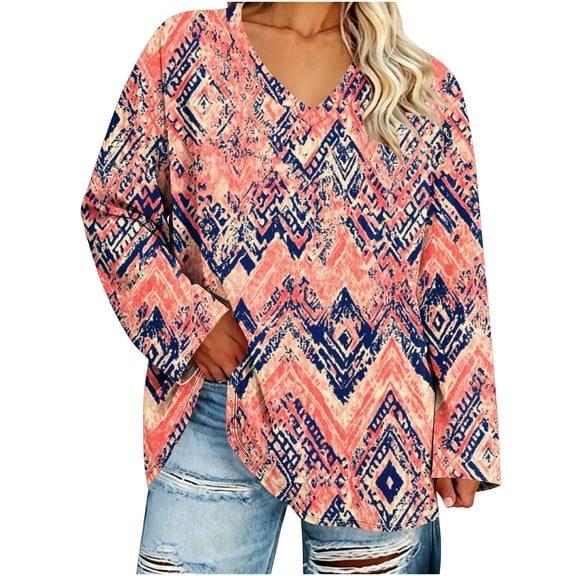 Tops for Women Long Sleeve V Neck Plus Size Fashion Printed Casual Top