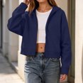 thumbnail image 4 of Hooded Zip Women Cropped Jackets Long Sleeve Sweatshirt with Pocket,Drop Shoulder Casual Fall Winter Daily Home Outdoor Wear,Blue,L, 4 of 9