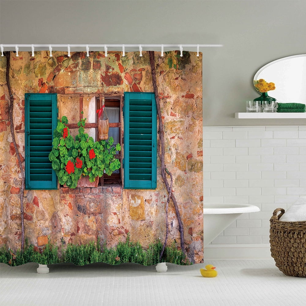 Window Fabric Shower Curtain with 12 Hooks Dark Blue Casement Red