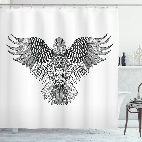 Vintage Tribal Shower Curtain, Monochrome Sketch of Zentangle Totem Predator Bird, Fabric Bathroom Set with Hooks, 69W X 84L Inches Extra Long, Charcoal Grey and White, by Ambesonne
