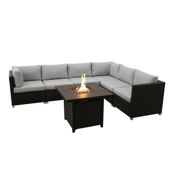 Innesbrook Collection 7-Piece Aluminum Patio Conversation Set with Grey Cushions and Square Fire Table