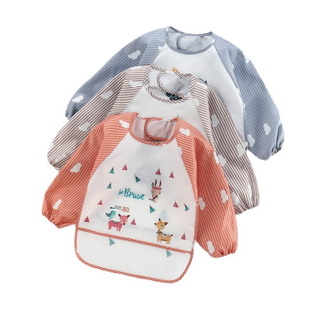 3 uds patrón de dibujos animados bebé impermeable manga larga comer babero delantal TUNC Sencillez