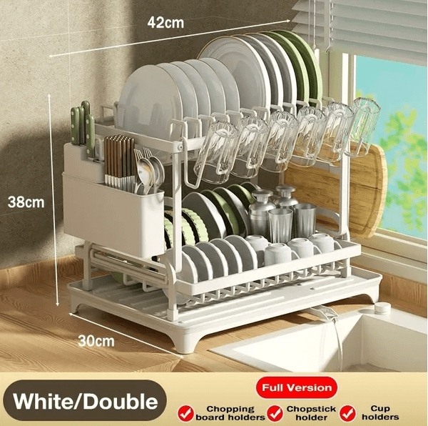 2-Tier Large Capacity Kitchen Dish Drying Rack with Drain Board, Rustproof Utensil Holder for Countertop white