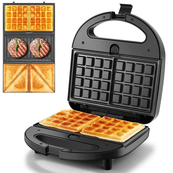 OSTBA 3 in 1 Panini Grill Press with 3 Removable Plates, Breakfast Sandwich Maker, Electric Griddle Panini Press, Belgian Waffle Maker for Sandwiches, Waffles, Steak, Black
