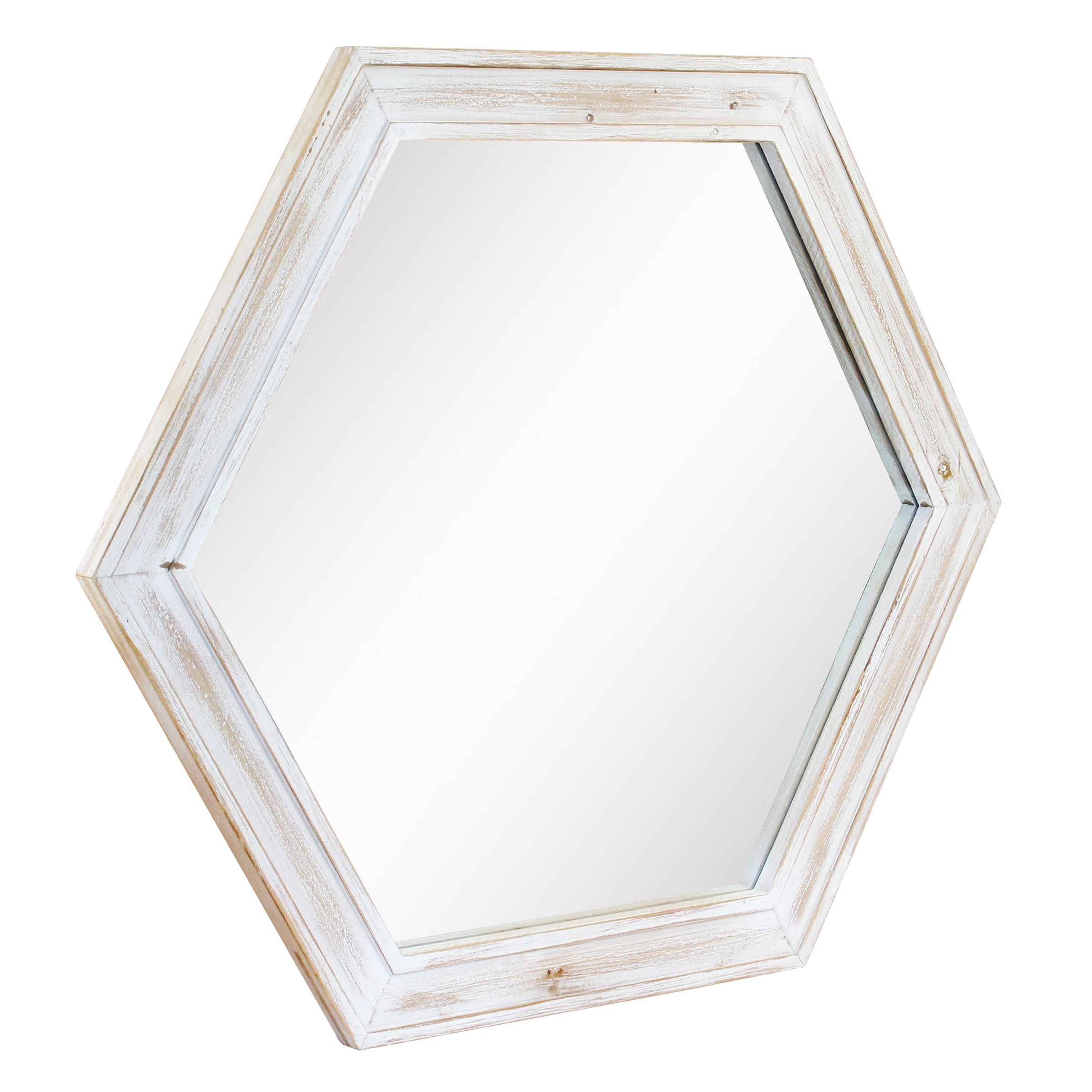 Stonebriar 23.8" x 20.6" Off-White Country Rustic Wood Hexagon Wall Mirror