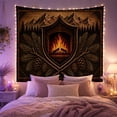 thumbnail image 2 of Burning Logs in Shield Frame with Mountain Peaks, Cozy Vintage Woodcut Art for Cabin Decor Lovers, Rustic Emblem Decor, Housewarming Gift, Tapestry Wall Hanging for Living Room and Bedroom, 2 of 7