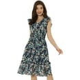 thumbnail image 1 of Vestido de Volantes Fruncidos con Cuello En V y Mangas con Volantes Allegra K Azul Oscuro S, 1 of 5