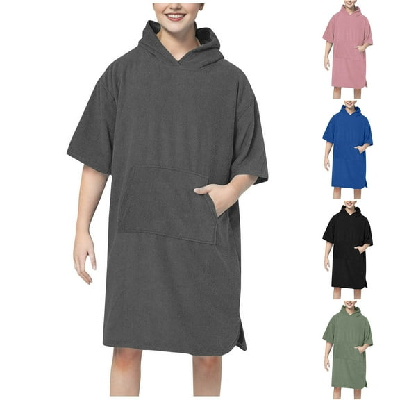 Meichang Men's Women's Hooded Robe Short Sleeve Loose Fit Pullover Bathrobe Solid Color Cape Bath Robe with Pocket