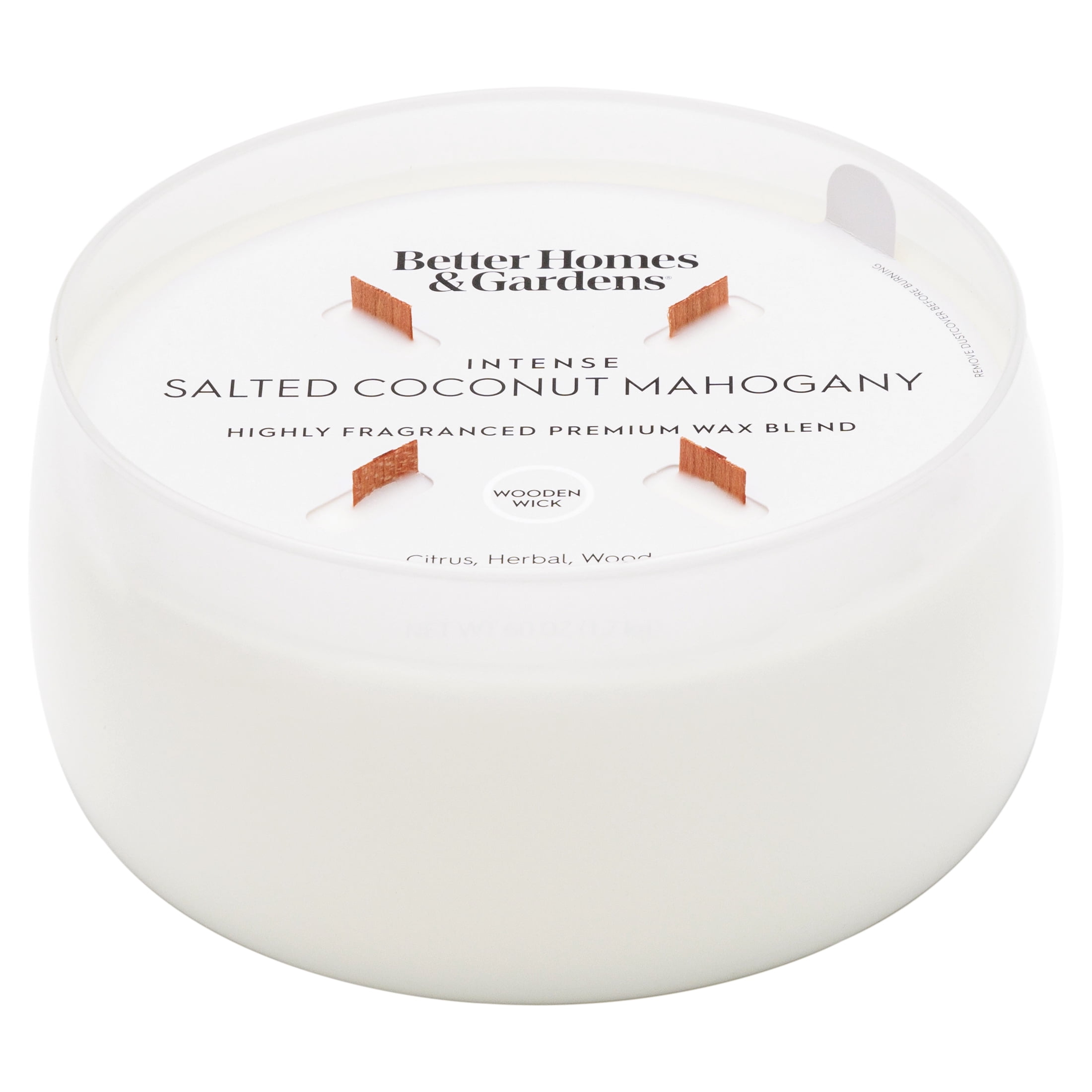 Better Homes & Gardens Intense Salted Coconut Mahogany Scented Wooden 4-Wick Glass Jar Candle 60oz.