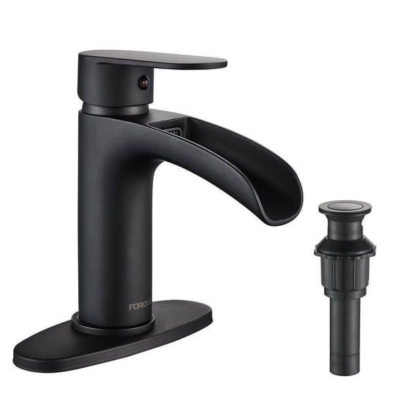 FORIOUS Waterfall Single Hole Single Handle Bathroom Faucet with Metal Pop-Up Drain, Bathroom Sink Faucet in Matte Black