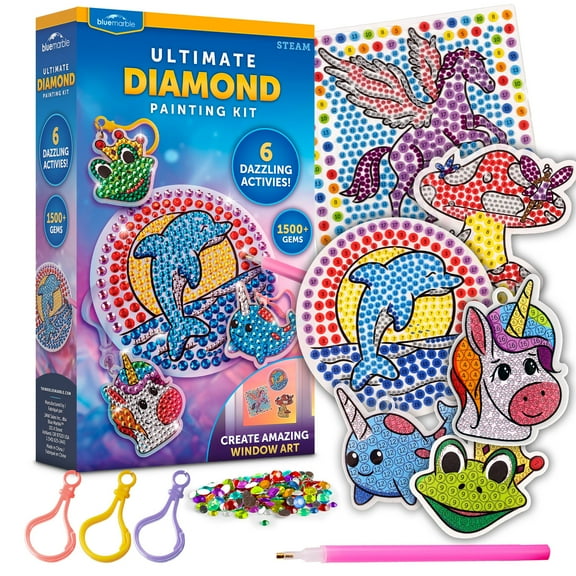 Blue Marble Diamond Painting Kit for Kids, 6 Crafts with 1500  Gems, Keychains & Window Art