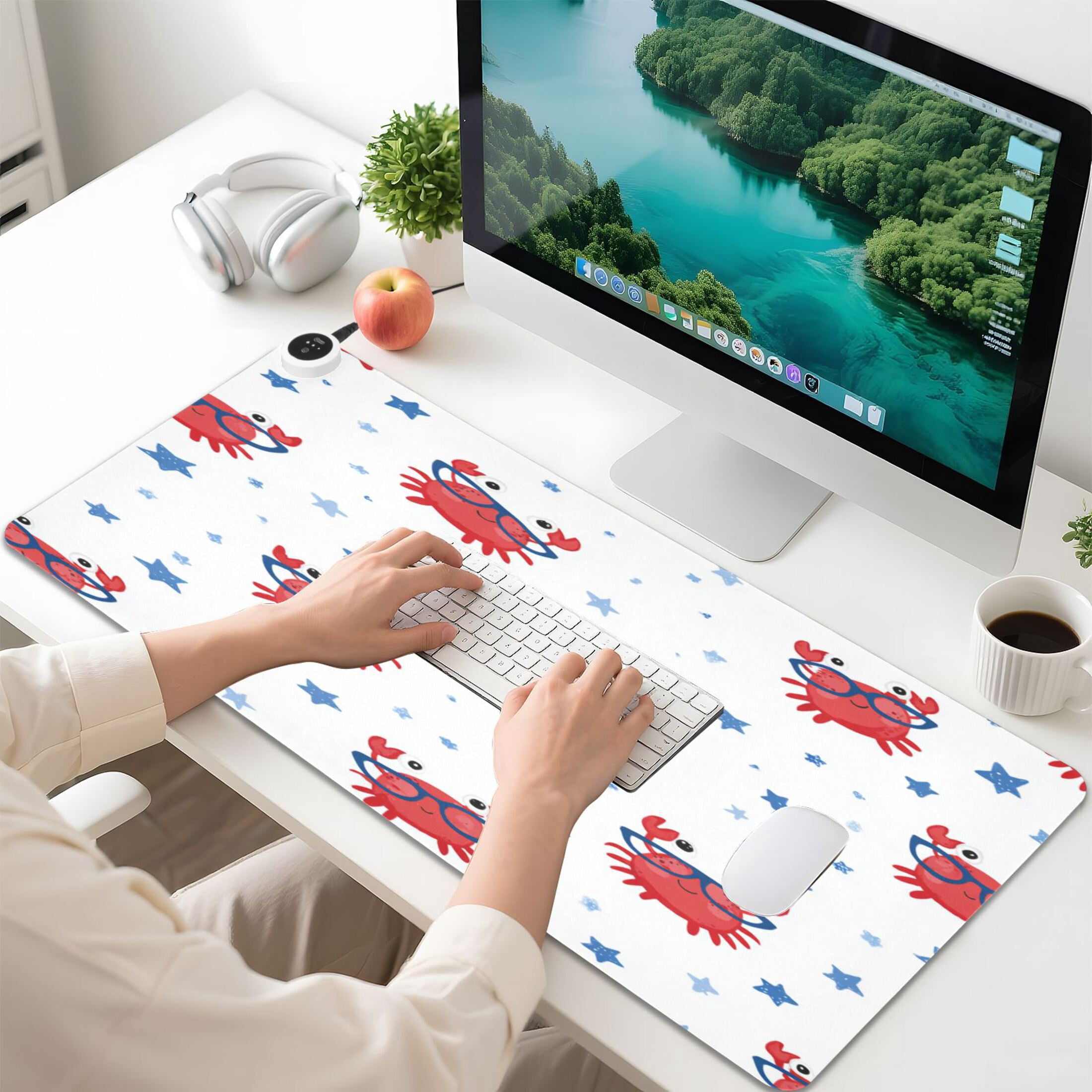 Large Heated Desk Mat Mouse Pad 31.5"x13"PU Leather Graphene Heating Desk Warmer with 3 Temperature Settings 110V US Plug Non-Slip Warm Pad for Home, Office, and Gaming Cool Crab with Glasses