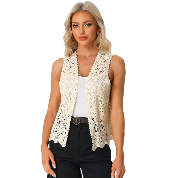 DARING DIVA Women's Floral Crochet Hollow Out Sleeveless Vest Cardigan M Beige