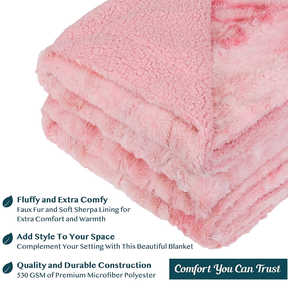 PAVILIA Faux Fur Throw Blanket Tie Dye Pink Soft Fuzzy Warm Sherpa Blankets Throws for Bed Fluffy Plush Thick Fleece Throw Blanket for Couch Sofa Reversible Furry Shaggy Blanket Pink 50x60