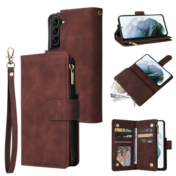 TECH CIRCLE Galaxy S22 Wallet Case, Classy PU Leather Zipper Purse Case Magnetic Buckle Folio Flip Cover Stand with Card Slots Wrist Strap for Samsung Galaxy S22 6.1 inch,Coffee