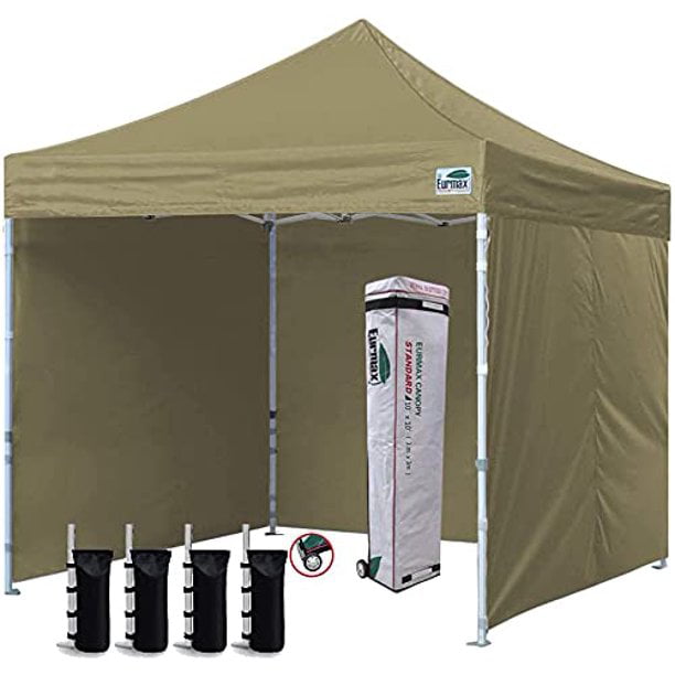 10x10, White Eurmax USA Ez Pop Up Canopy Party Tent Sport Outdoor Instant Canopies with Deluxe Wheeled Storage Bag,Bonus 4 Canopy Sand Bags 