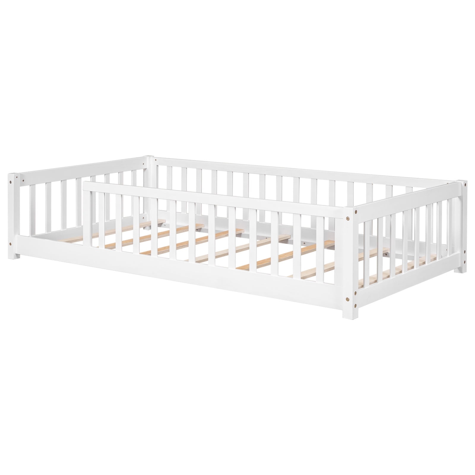 Twin Floor Bed with Fence for Kids, Solid Pine Wood Montessori Bed Frame with Guardrails and Slats System, Playhouse Design Platform Bed for Children Bedroom, Without Door, Easy Assemble,White