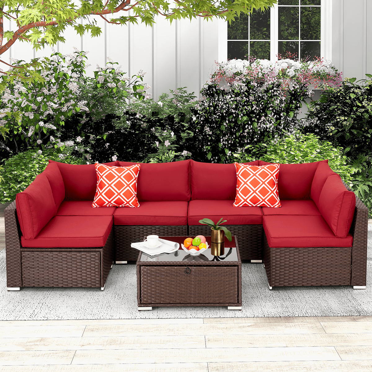 Orol 7-Piece Outdoor Sectional Wicker Patio Furniture Conversation Sofa Set, Wine Red