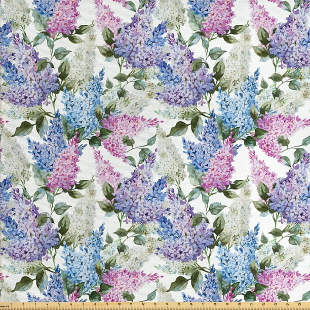 Lilac Fabric by The Yard, Colorful Lilac Flowers Budding Efflorescence