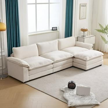 Ktaxon 120" W Sectional Sofa Modern Convertible Couch with Double Cushions L Shaped Sofa with Reversible Chaise, Teddy Velvet Sofa Set with 3 Wider Seater Teddy White