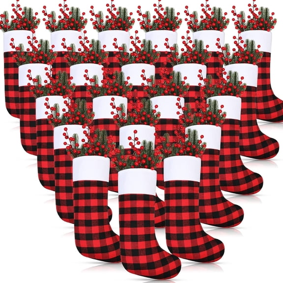 12 Pieces Christmas Stockings Buffalo Checkered Stockings with Plush Cuff Fireplace Hanging Ornaments for Family Xmas Decoration Holiday Season Party 18 Inch