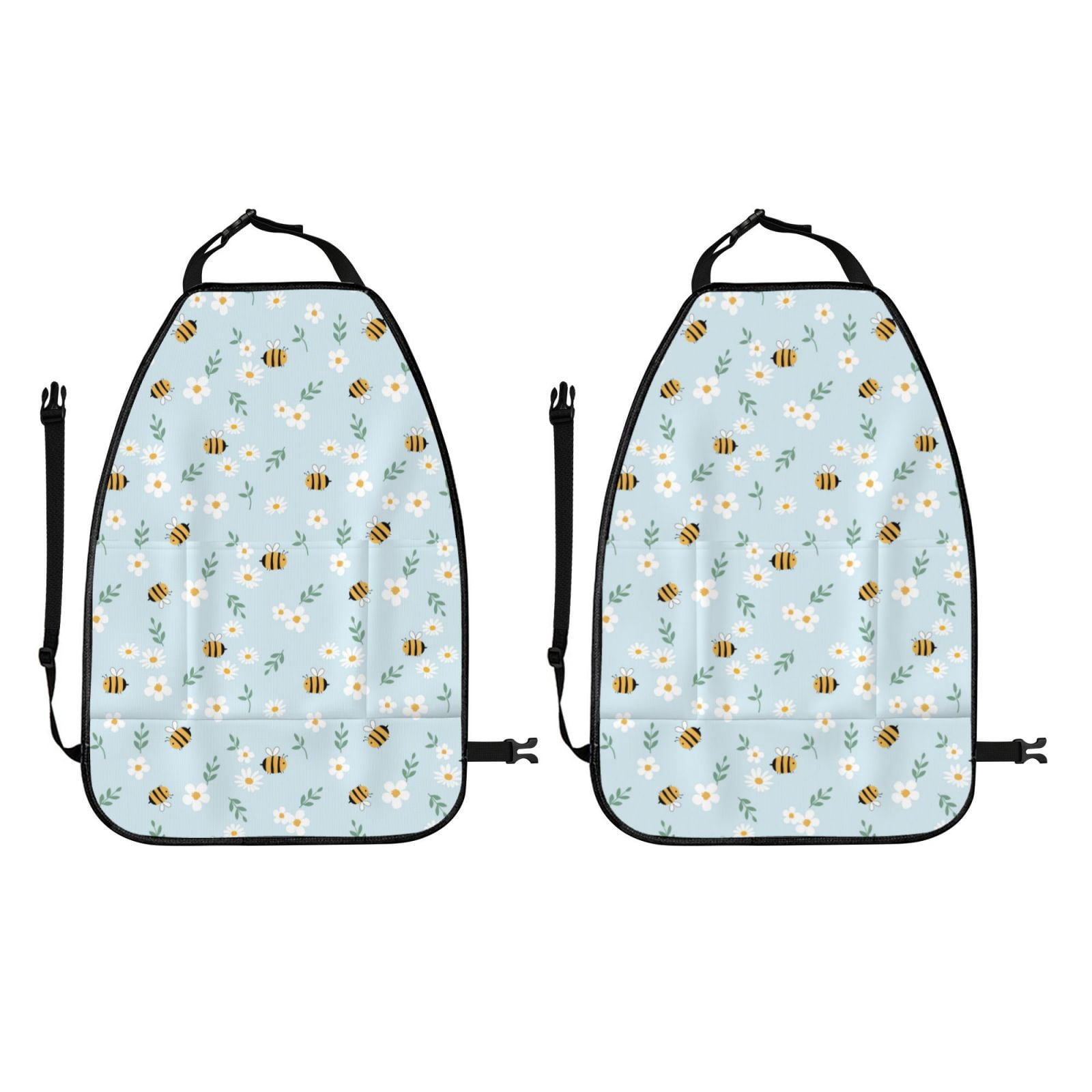 Kdxio Bee Flower Print 2 Pack Car Kick Mat Seat Cover Back Protector Mat with Pockets for Organizer Backseat Protector and Storage Anti Kick Pad for Vehicles