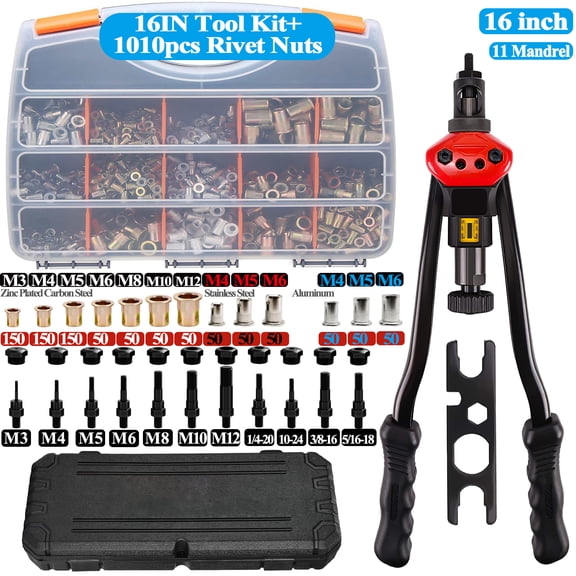 iMeshbean 16" Rivet Gun Kit Auto Pumping Rod Riveter Thread Setting Tool, With 11 Mandrels & 1010 Nuts