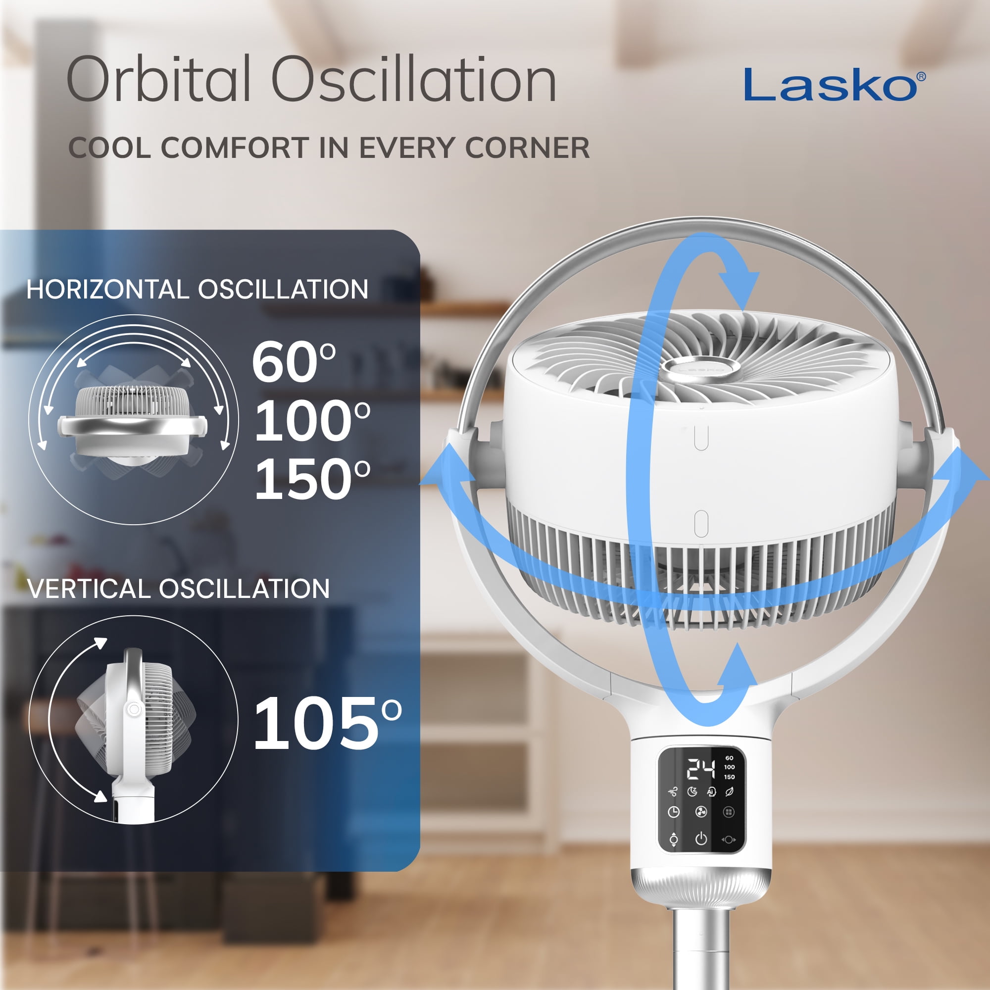 Lasko Whirlwind 7” 24-Speed Orbital Motion 25ft/s Airflow Remote Control Pedestal Fan, APDC301