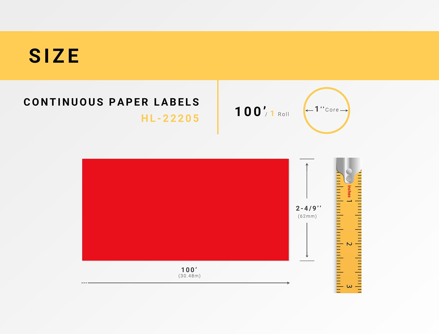 HOUSELABELS Compatible with DK-2205 Replacement Roll for Brother QL Label Printers; RED Continuous Length Labels; 2-4/9" x 100 feet (62mm*30.48m) - 6 Rolls