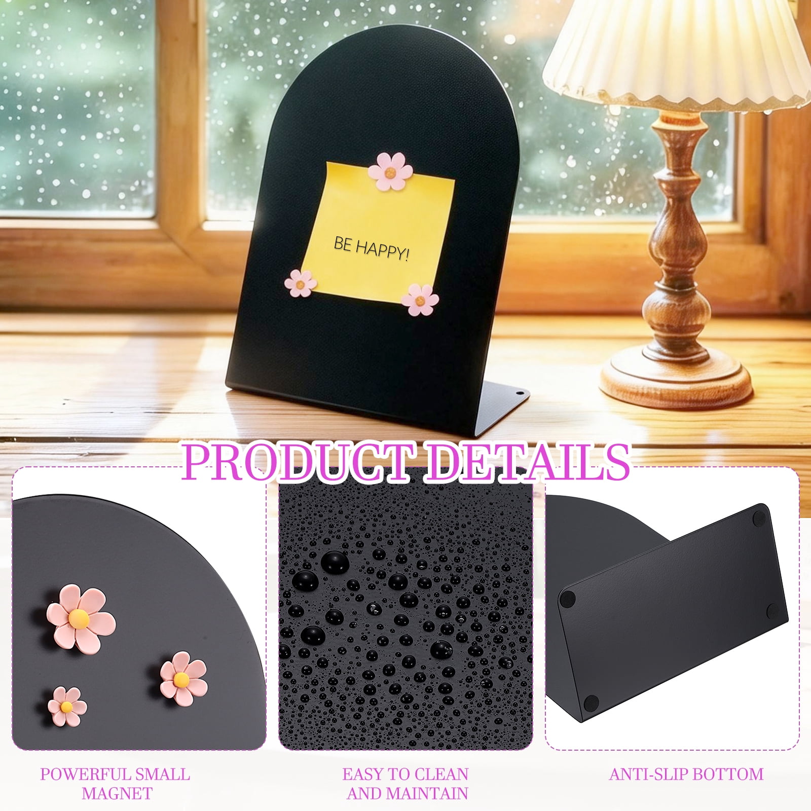 Uxcell 2 Pcs Magnetic Bulletin Board, Memo Magnet Display Stand Board with 6 Flower Magnets for Home Office Kitchen, Black/Pink